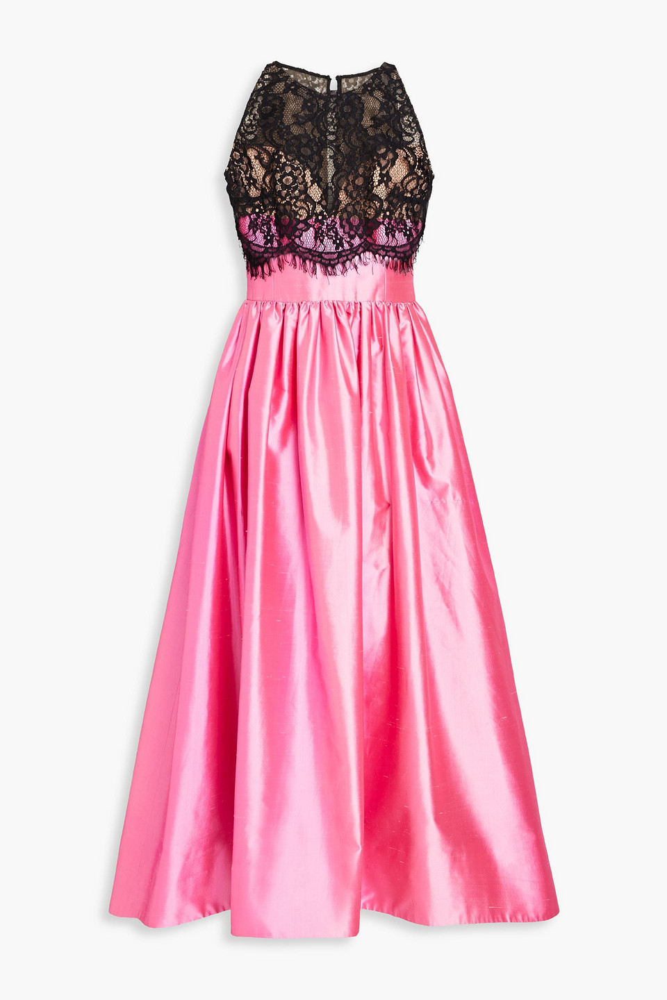 Rasario Gathered Lace-paneled Silk-blend Shantung Midi Dress In Black