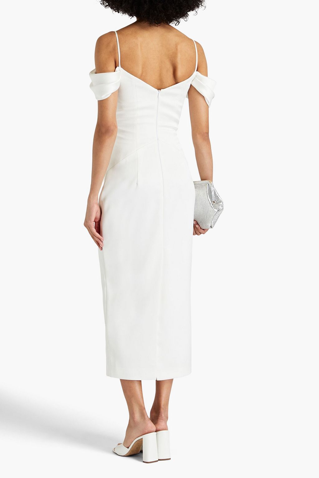 RASARIO Cold-shoulder gathered lace-paneled satin midi dress