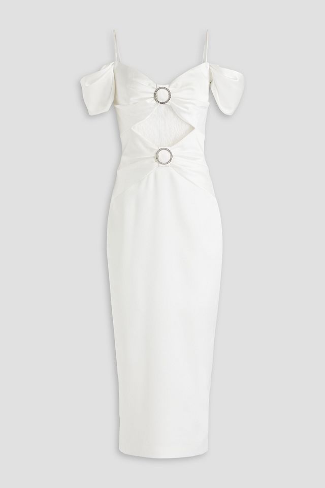 Cold-shoulder gathered lace-paneled satin midi dress