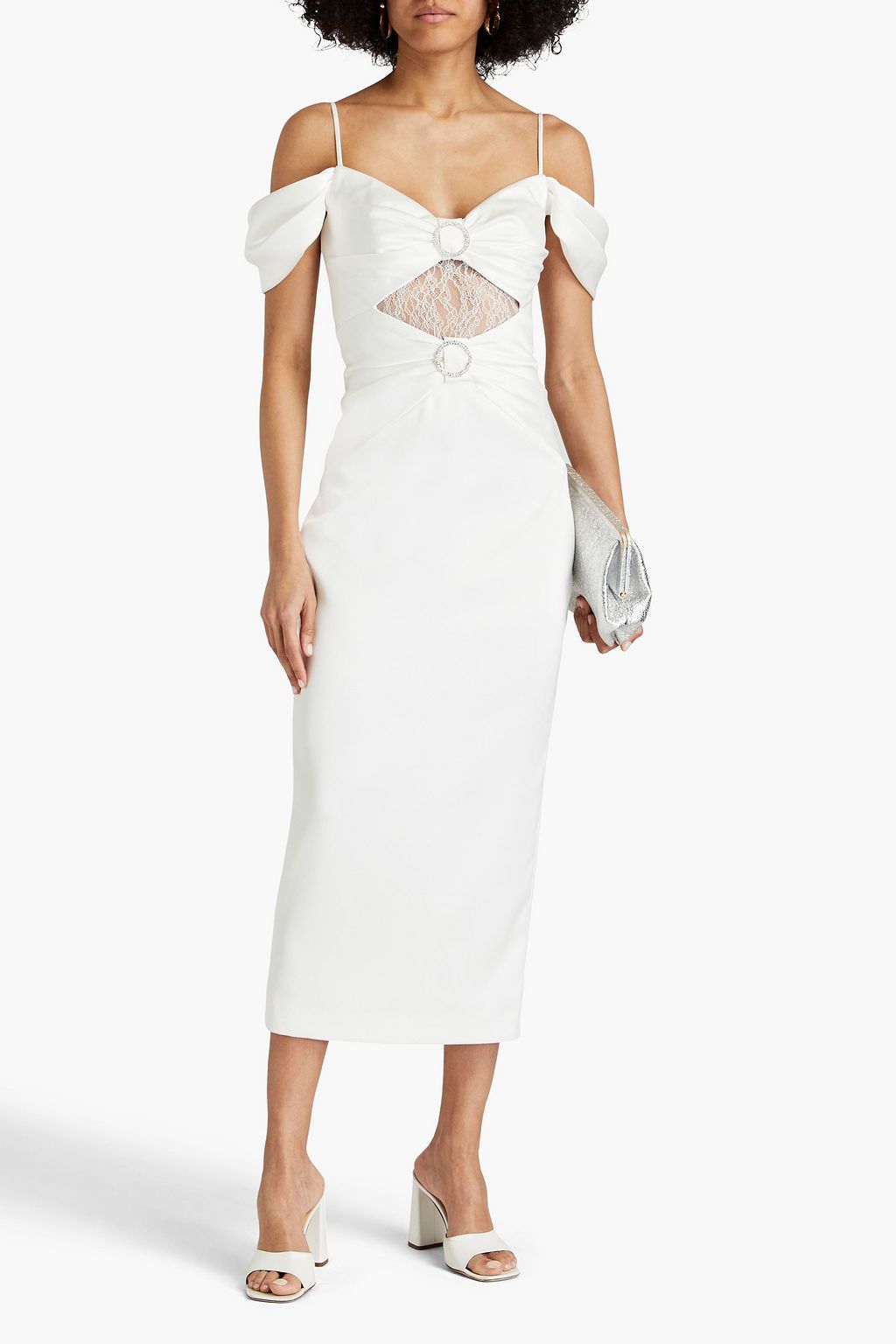 RASARIO Cold-shoulder gathered lace-paneled satin midi dress