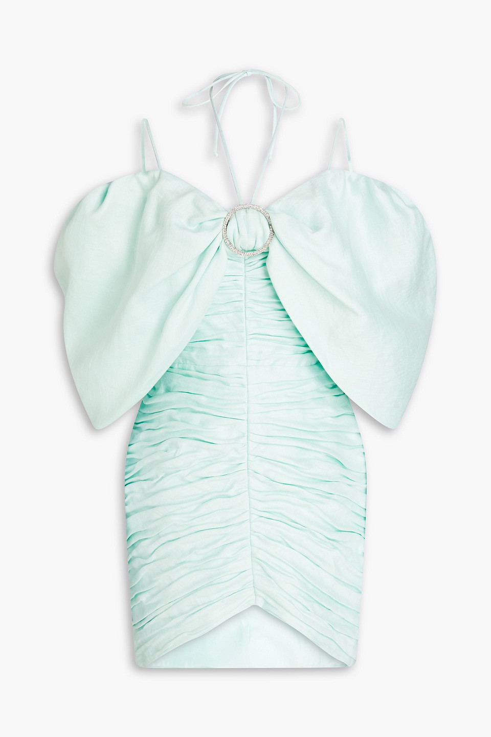 rasario - off-the-shoulder bow-detailed ruched linen-blend mini dress - green - fr 36