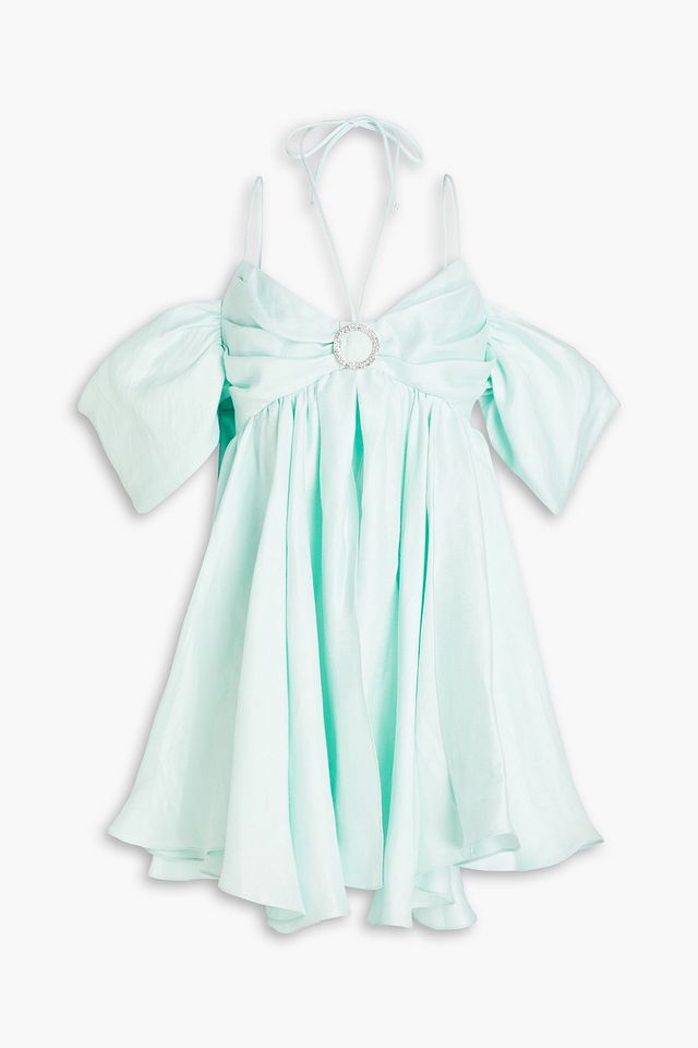 Cold-shoulder embellished gathered linen-blend mini dress