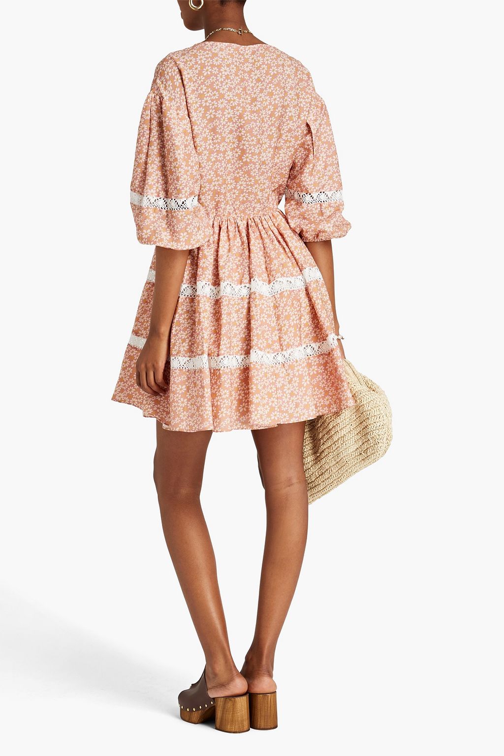 MAJE Lace-trimmed gathered floral-print voile mini dress