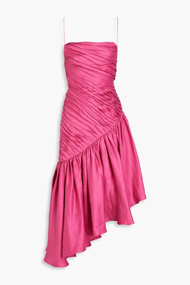Asymmetric pleated linen-blend dress