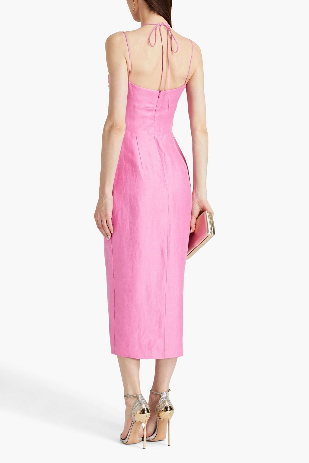 RASARIO Ruched crystal-embellished linen-blend midi dress