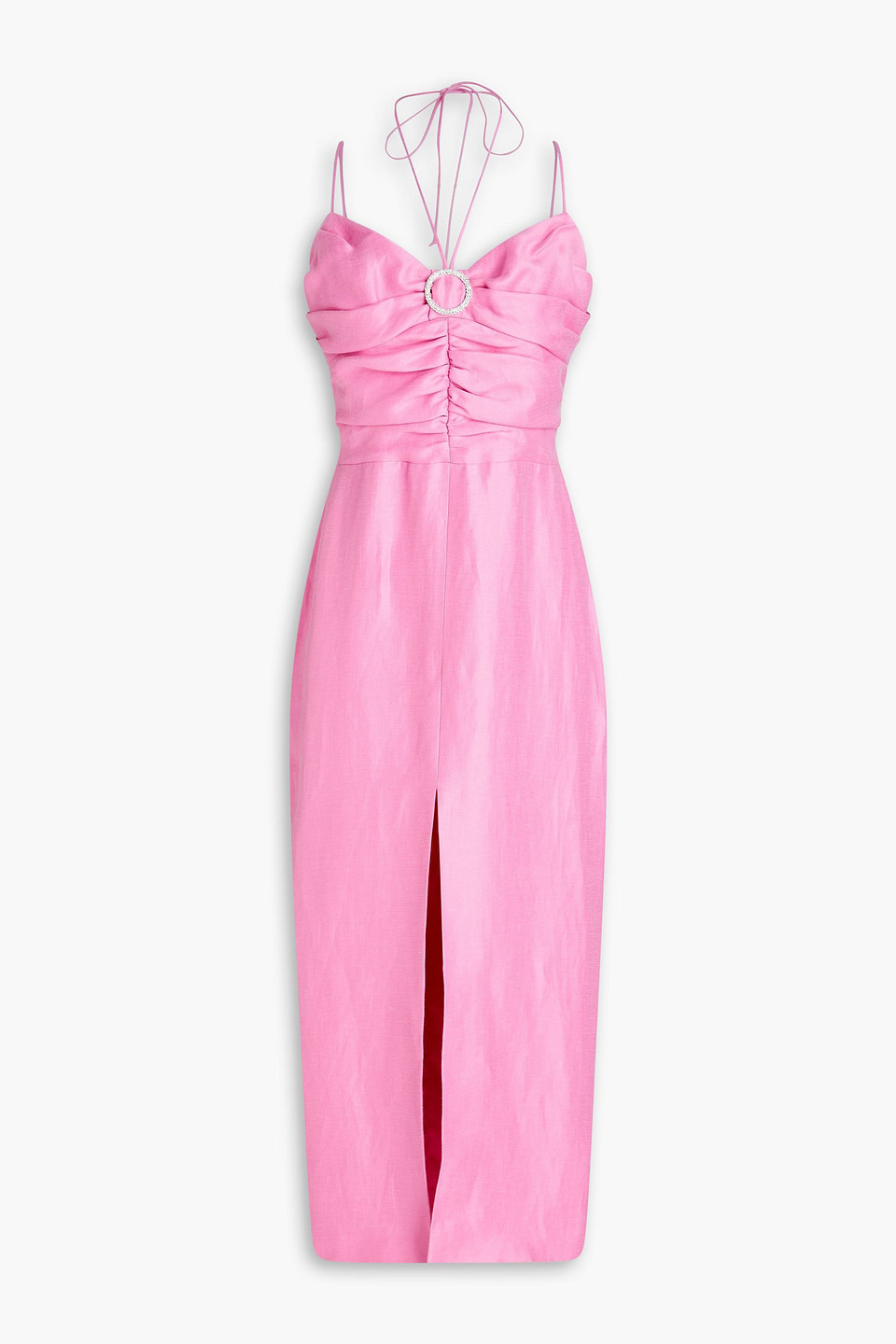 Rasario - Ruched crystal-embellished linen-blend midi dress - Pink