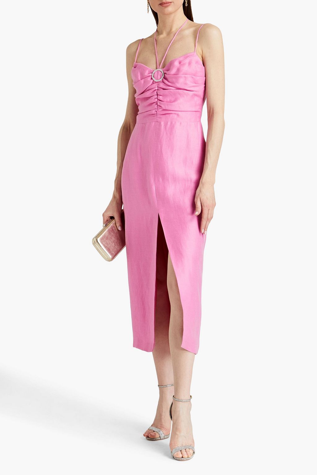 RASARIO Ruched crystal-embellished linen-blend midi dress