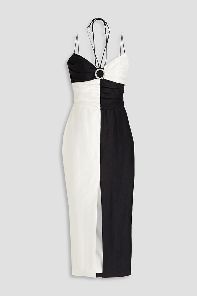 Crystal-embellished two-tone linen blend midi dress