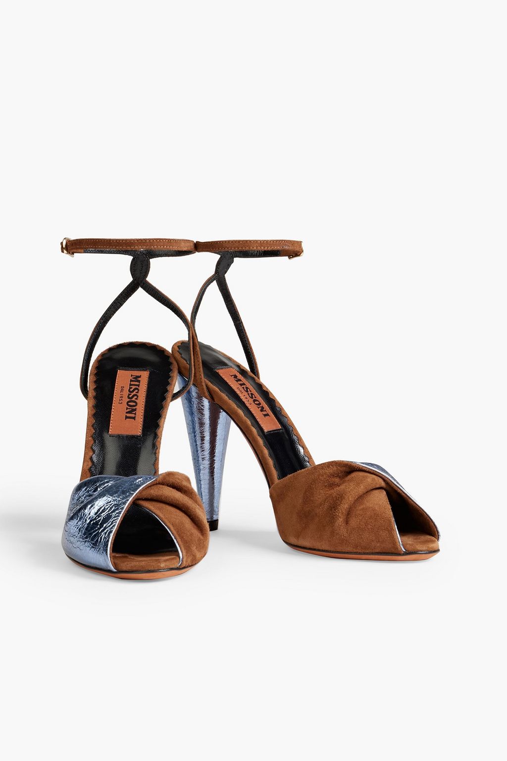 MISSONI Twisted crinkled metallic leather and suede sandals