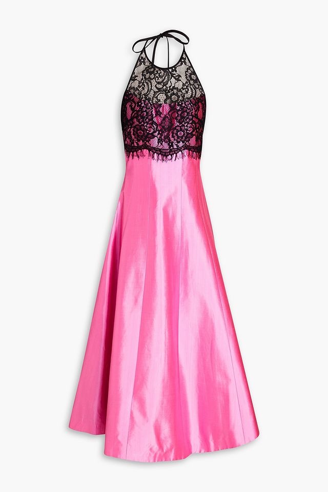 Lace-paneled silk-blend shantung midi dress