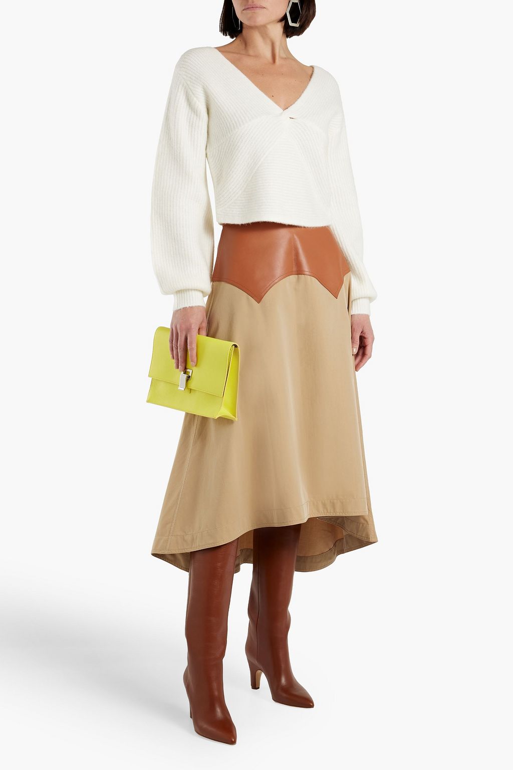 LOEWE Leather-paneled cotton-twill midi skirt