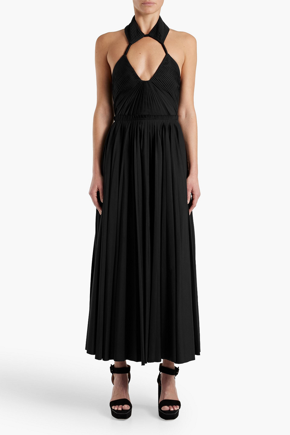 Gabriela Hearst Larkollen Pleated Cotton And Silk-blend Poplin Halterneck Midi Dress In Black