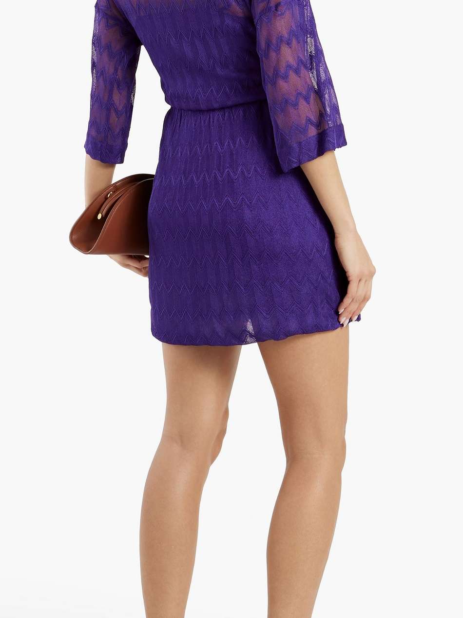 wrap-effect crochet-knit silk-blend mini dress