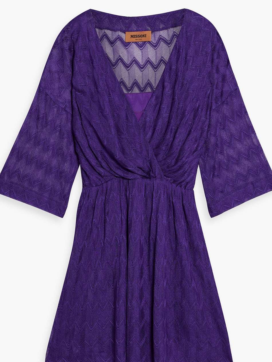 wrap-effect crochet-knit silk-blend mini dress
