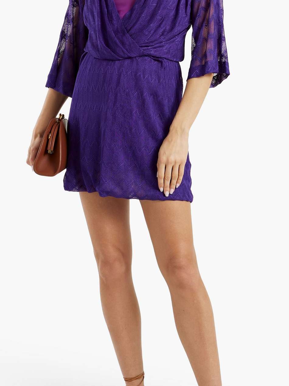 wrap-effect crochet-knit silk-blend mini dress