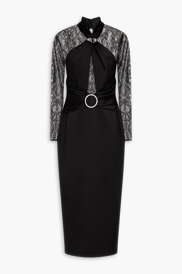 Embellished cutout satin and corded lace midi dress