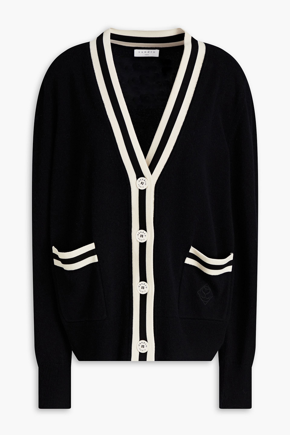 Sandro Embroidered Two-tone Wool And Cashmere-blend Cardigan In Black