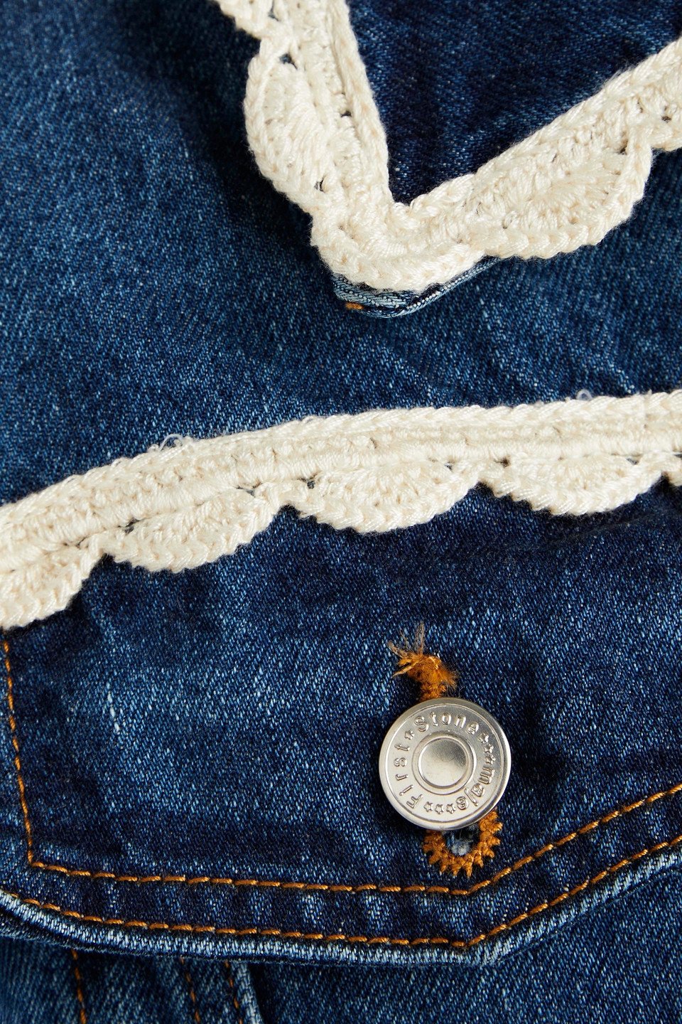 Shop Maje Crochet-trimmed Denim Jacket In Mid Denim