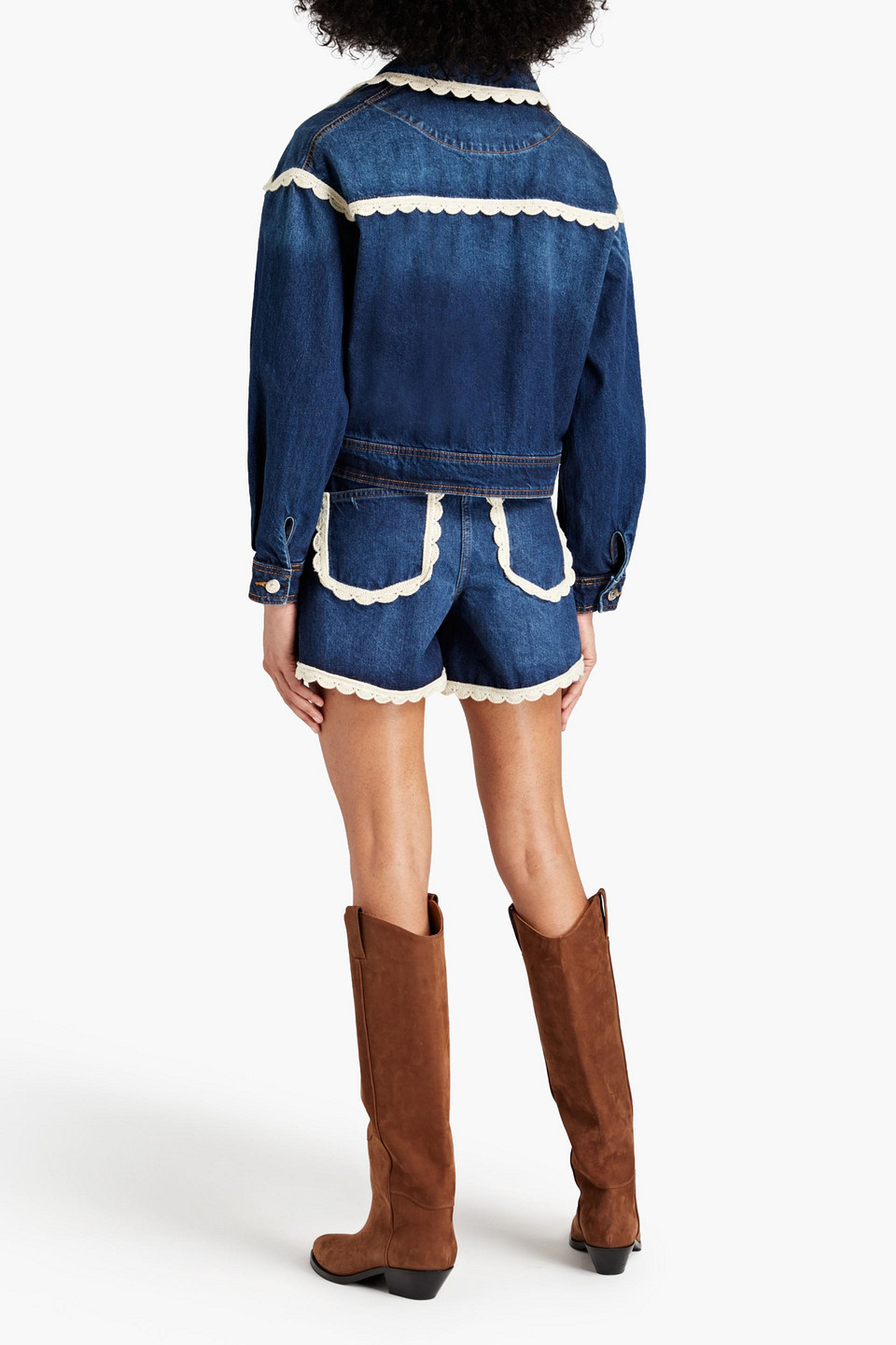 Shop Maje Crochet-trimmed Denim Jacket In Mid Denim