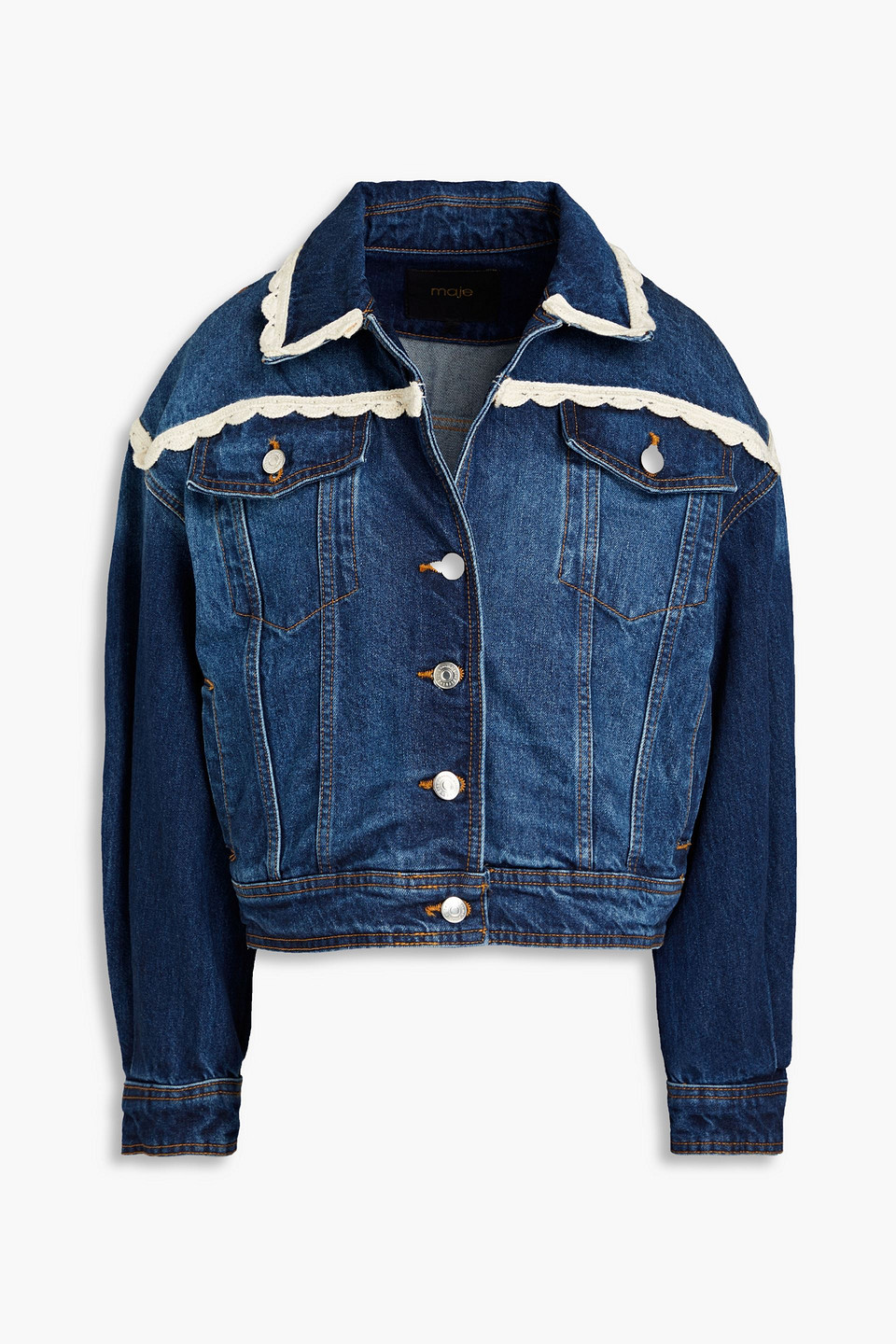 Shop Maje Crochet-trimmed Denim Jacket In Mid Denim