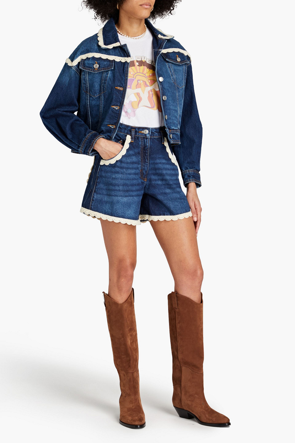 Shop Maje Crochet-trimmed Denim Jacket In Mid Denim