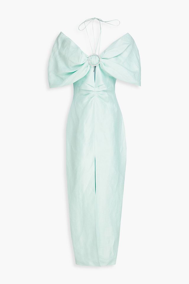 Embellished draped linen halterneck maxi dress