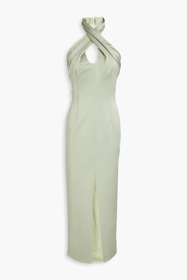 Pleated satin-crepe halterneck midi dress