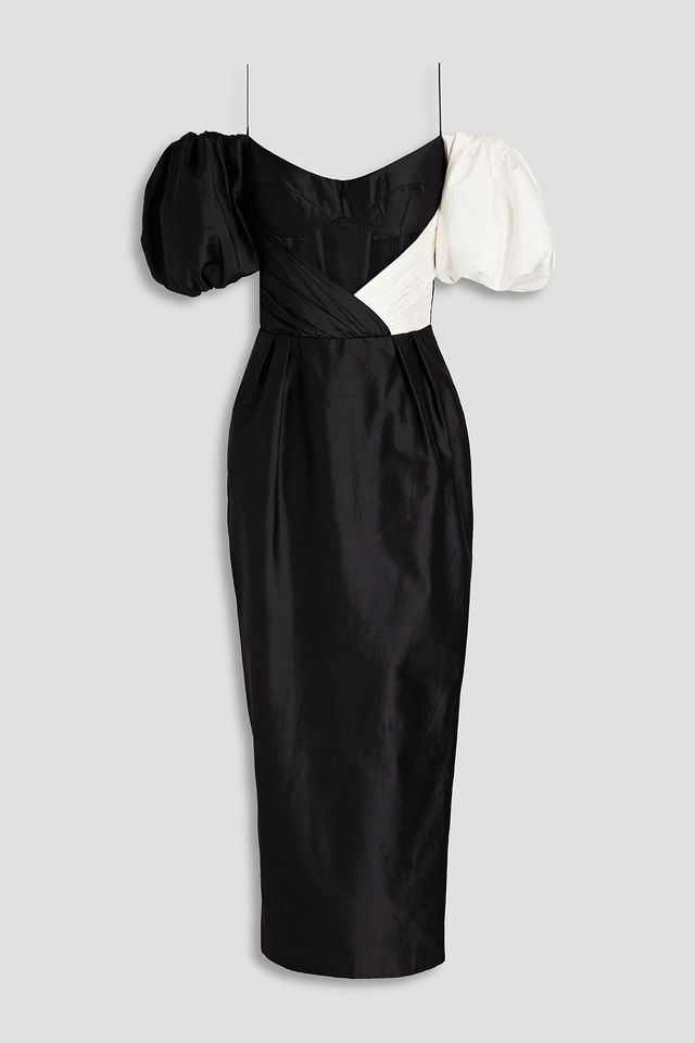 Cold-shoulder wrap-effect two-tone silk-blend shantung midi dress