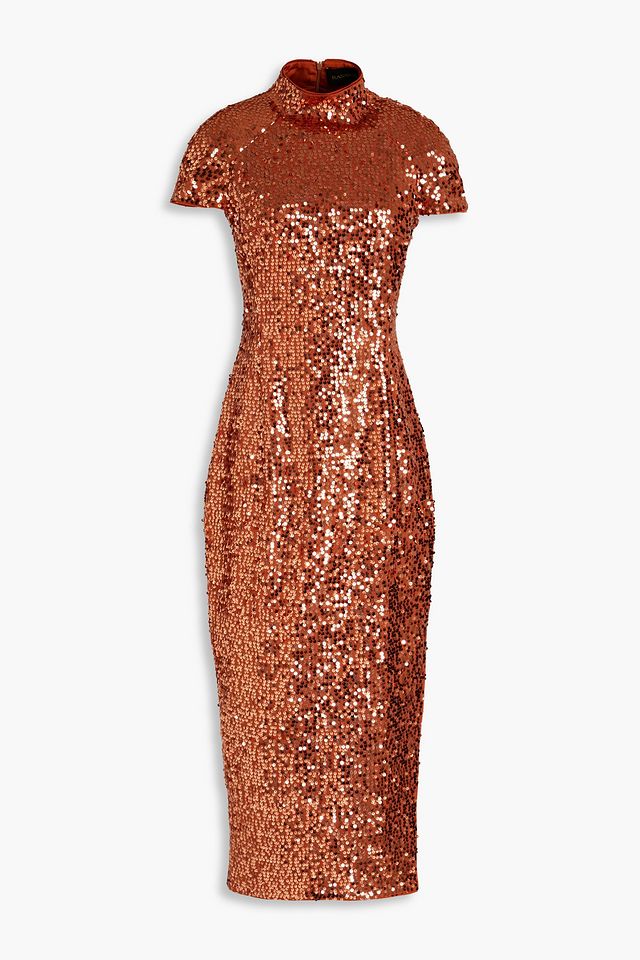 Sequined satin-jersey turtleneck midi dress