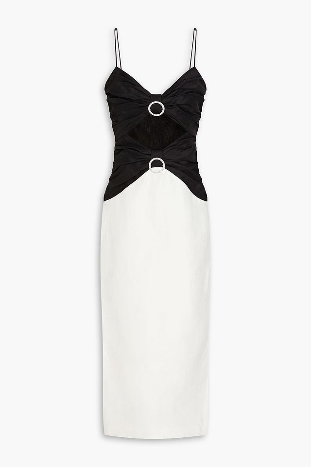 Crystal-embellished lace-paneled pleated linen-blend midi dress