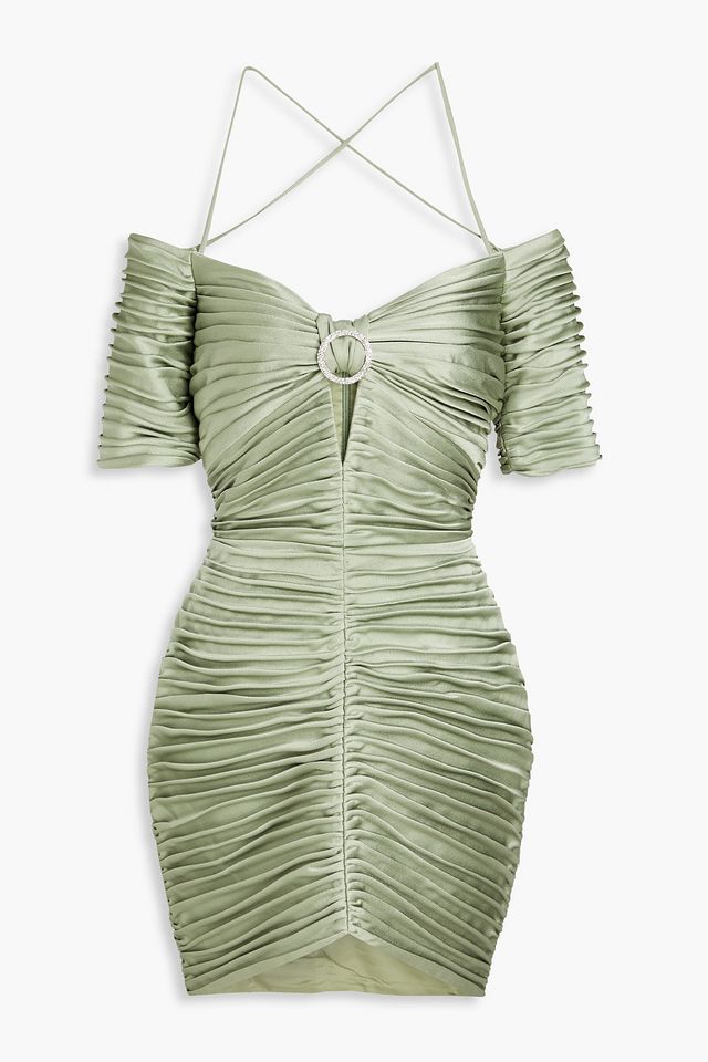 Off-the-shoulder ruched embellished satin-crepe mini dress