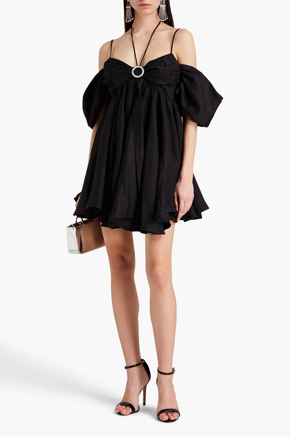  Rasario - Gerafftes Minikleid Aus Einer Leinenmischung Mit Kristallverzierung Und Cut-outs - Schwarz - Fr 38 