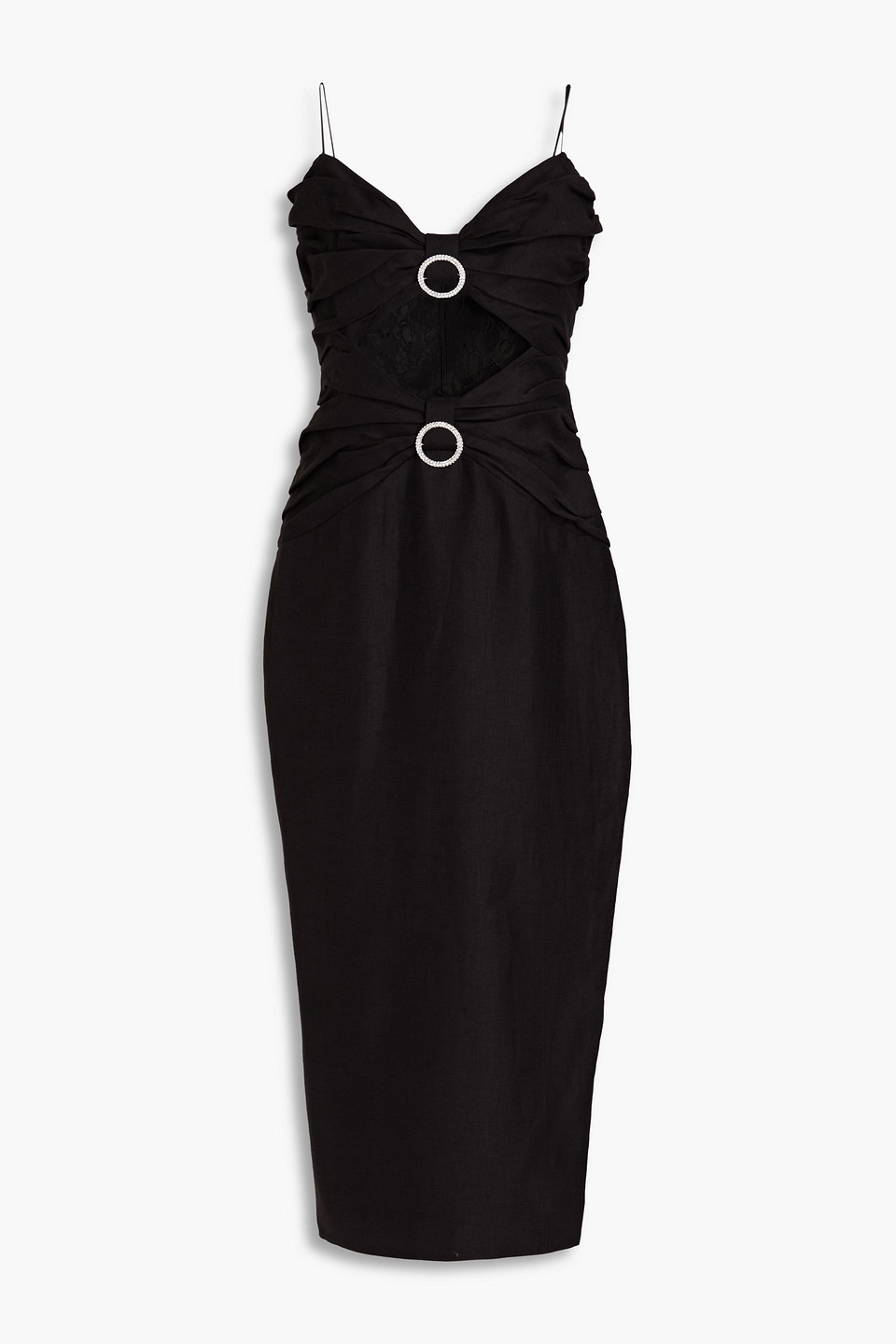 Rasario - Embellished lace-paneled ruched linen-blend midi dress - Black