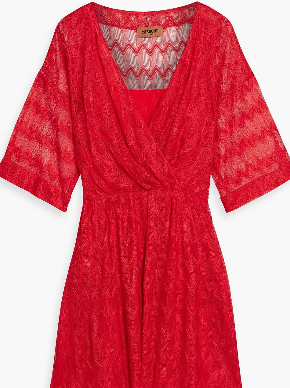 wrap-effect crochet-knit silk-blend mini dress