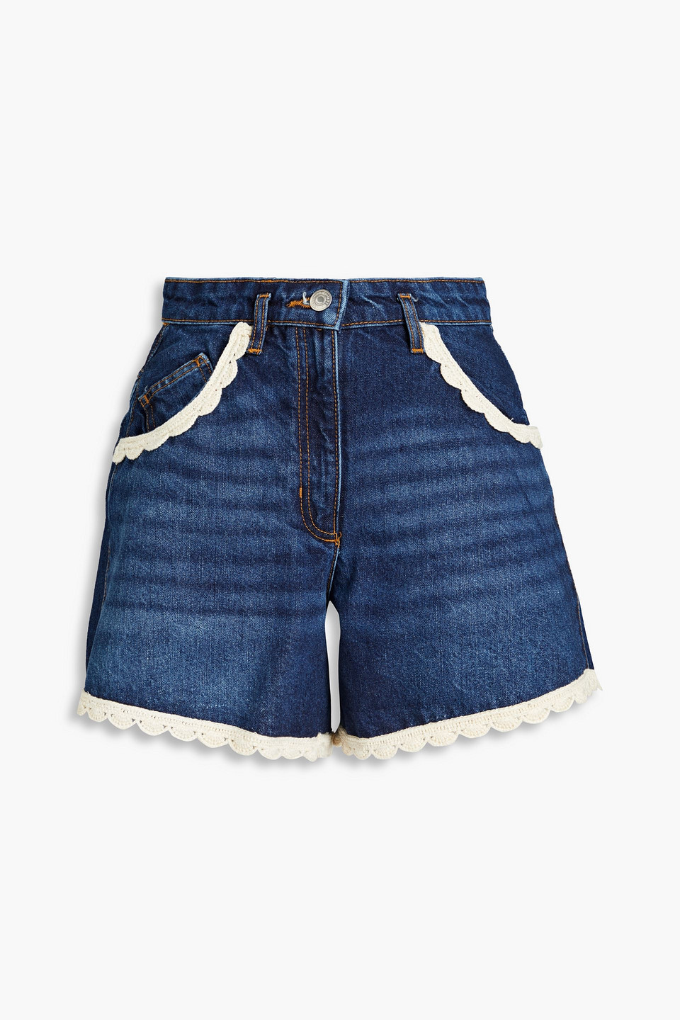 Maje Iakina Crochet-trimmed Denim Shorts In Mid Denim