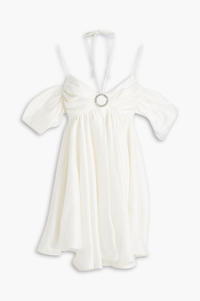 Cold-shoulder gathered linen-blend mini dress