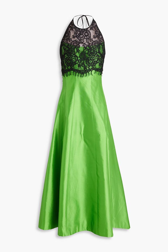 Corded lace-paneled silk-blend shantung midi dress