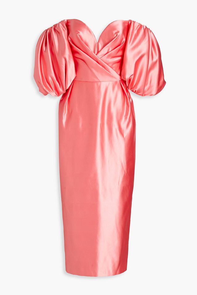 Off-the-shoulder pleated sateen midi dress