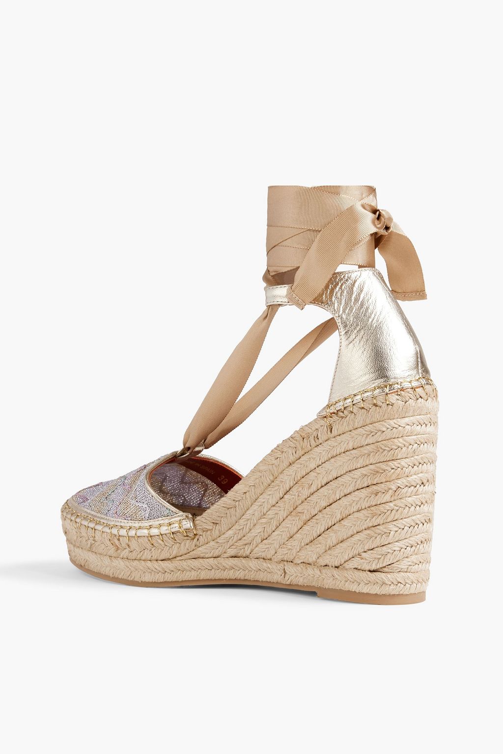 MISSONI Metallic leather and crochet-knit wedge espadrilles