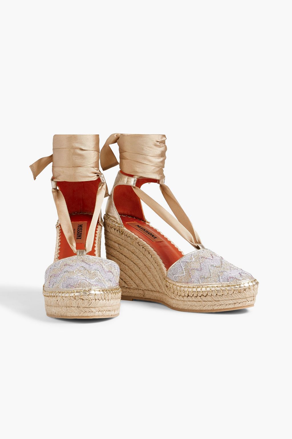 MISSONI Metallic leather and crochet-knit wedge espadrilles