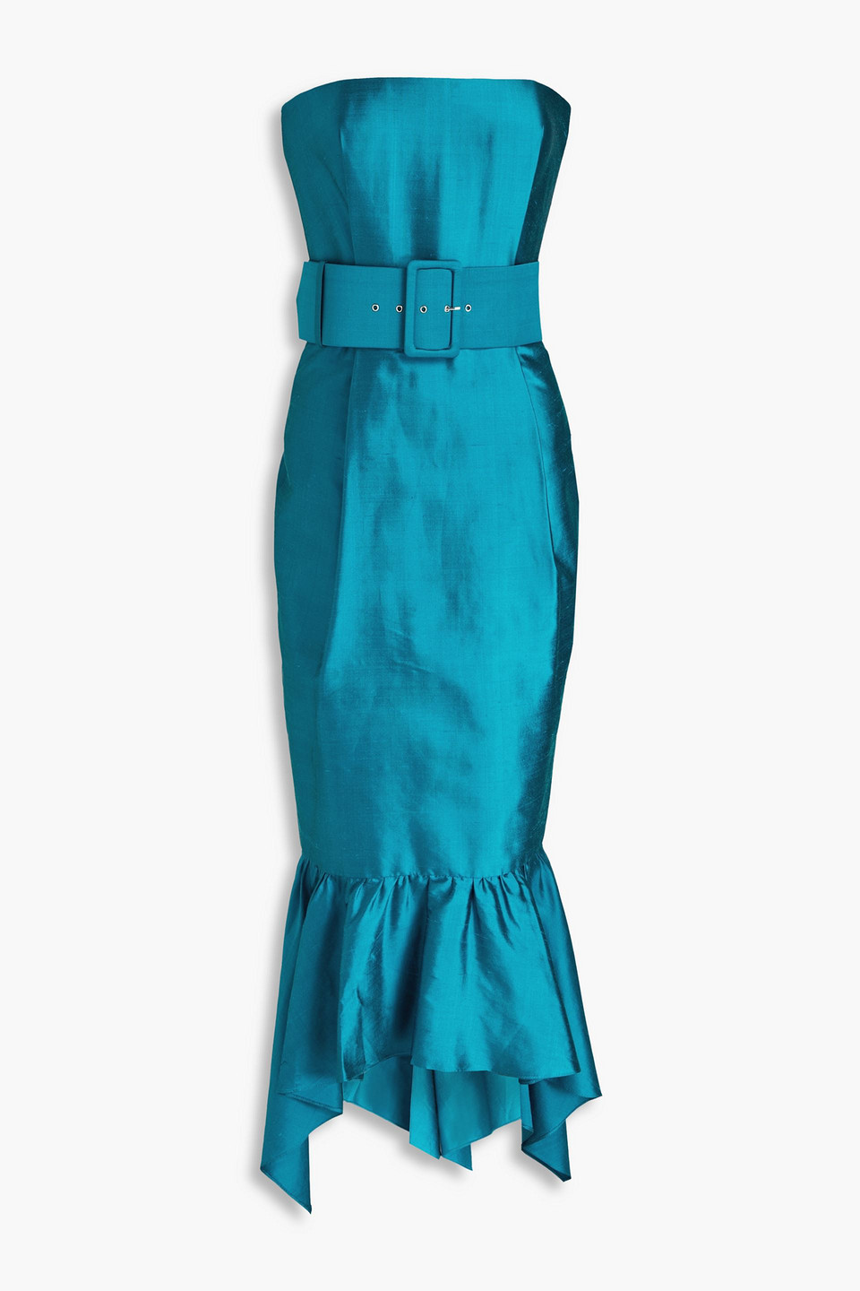 Rasario - Strapless fluted silk-shantung midi dress - Blue