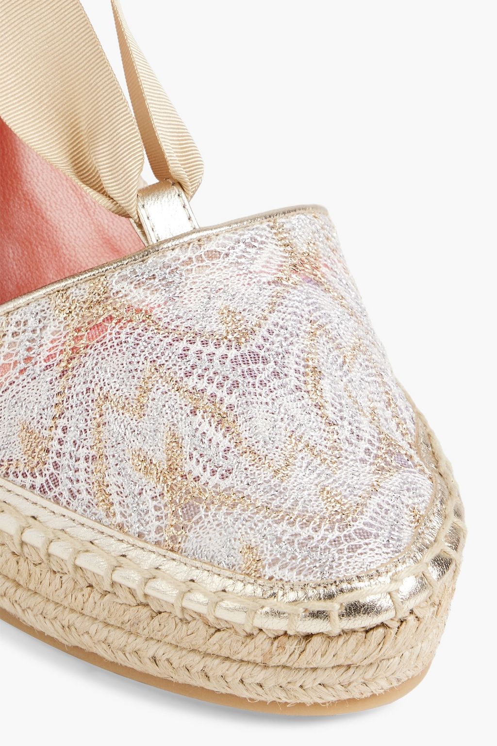 MISSONI Metallic leather and crochet-knit wedge espadrilles