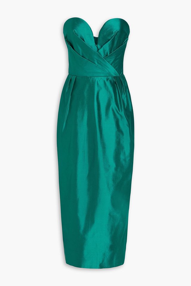 Strapless pleated silk-shantung midi dress