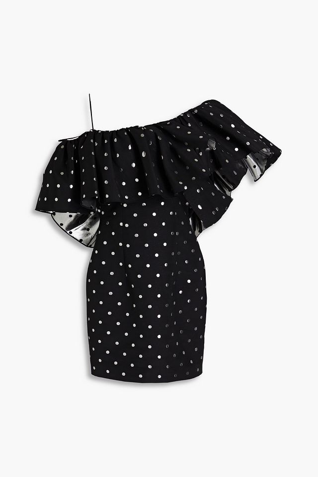 One-shoulder ruffled metallic polka-dot jacquard mini dress