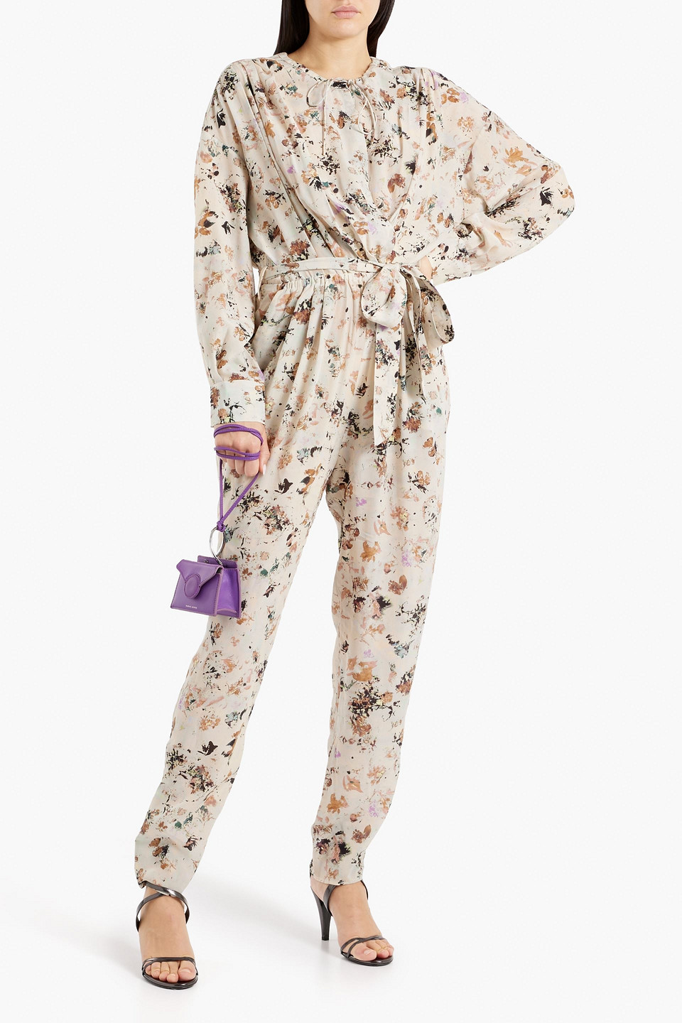 Shop Iro Mattai Wrap-effect Floral-print Lyocell And Silk-blend Jumpsuit In Beige