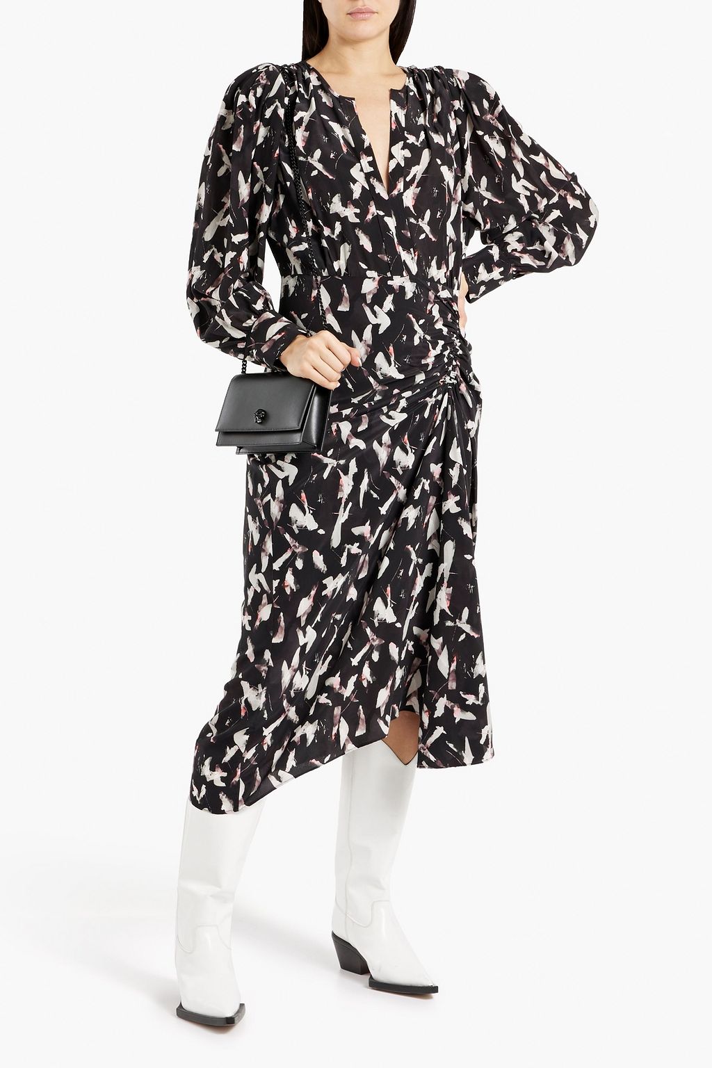 IRO Carola ruched printed crepe de chine midi dress