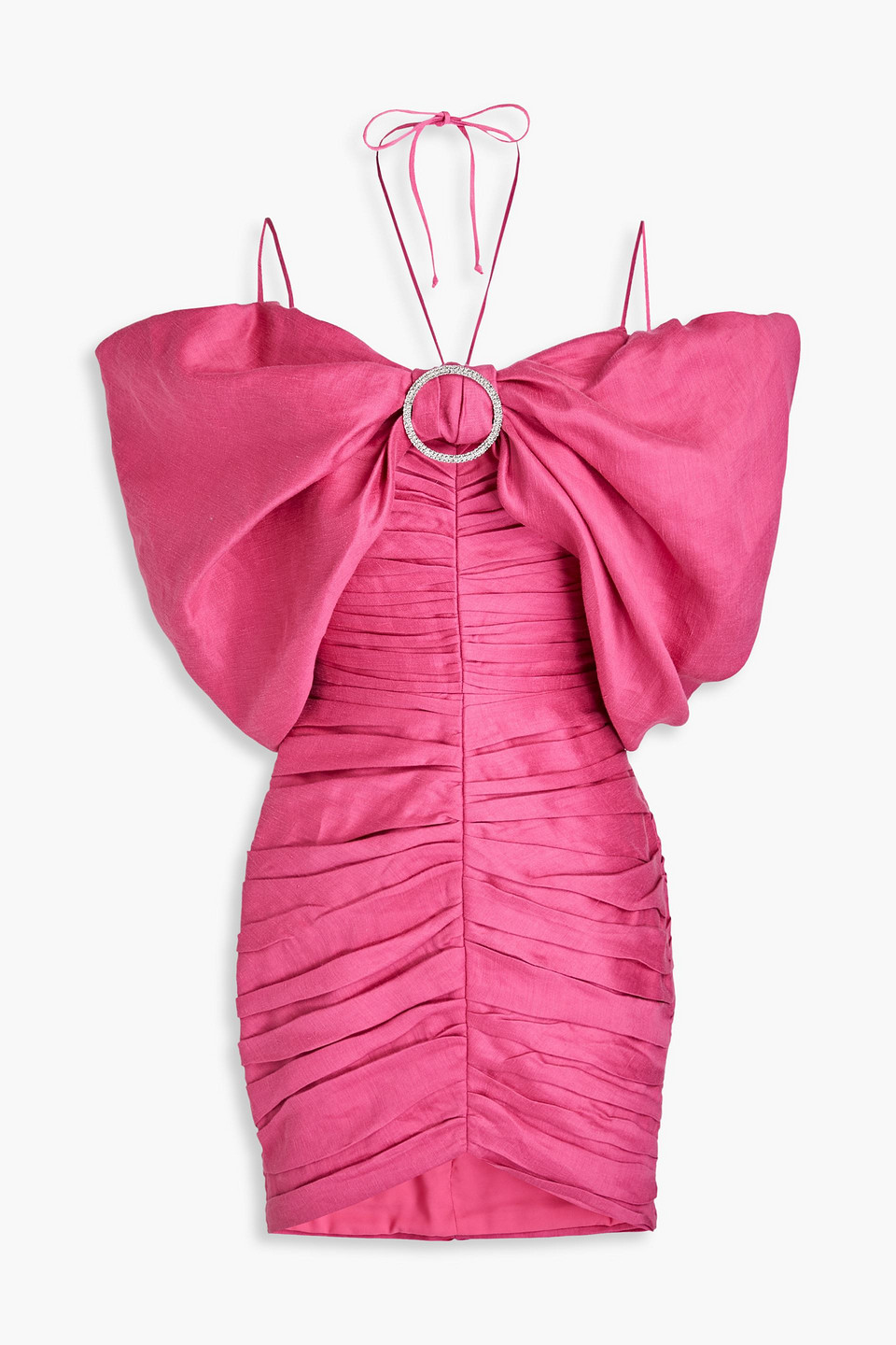 rasario - off-the-shoulder bow-detailed ruched linen-blend mini dress - pink - fr 38