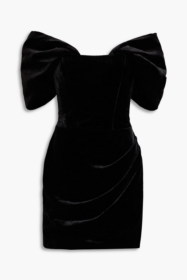 Off-the-shoulder draped velvet mini dress