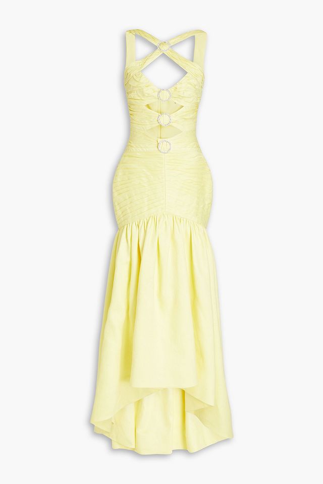 Cutout embellished linen-blend gown
