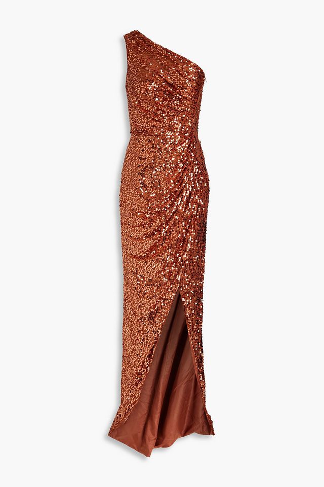 One-shoulder draped sequined satin-jersey maxi dress